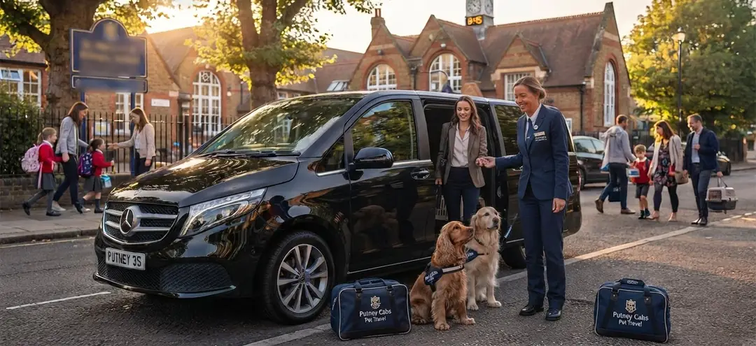 Driver greeting a passenger beside a black MPV, with two dogs ready to travel