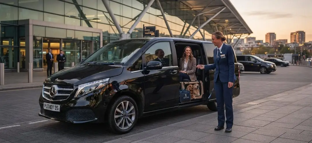 Putney Cabs driver helping a passenger and her dog into a black MPV outside an airport terminal